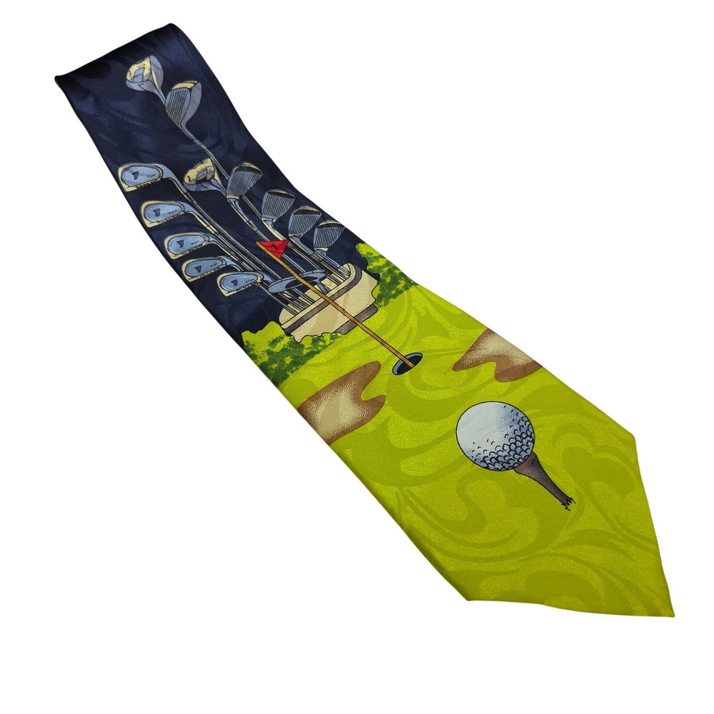 Mens Golf Clubs Ball Green 100% Silk Handmade Novelty Necktie Navy Lime Graphic